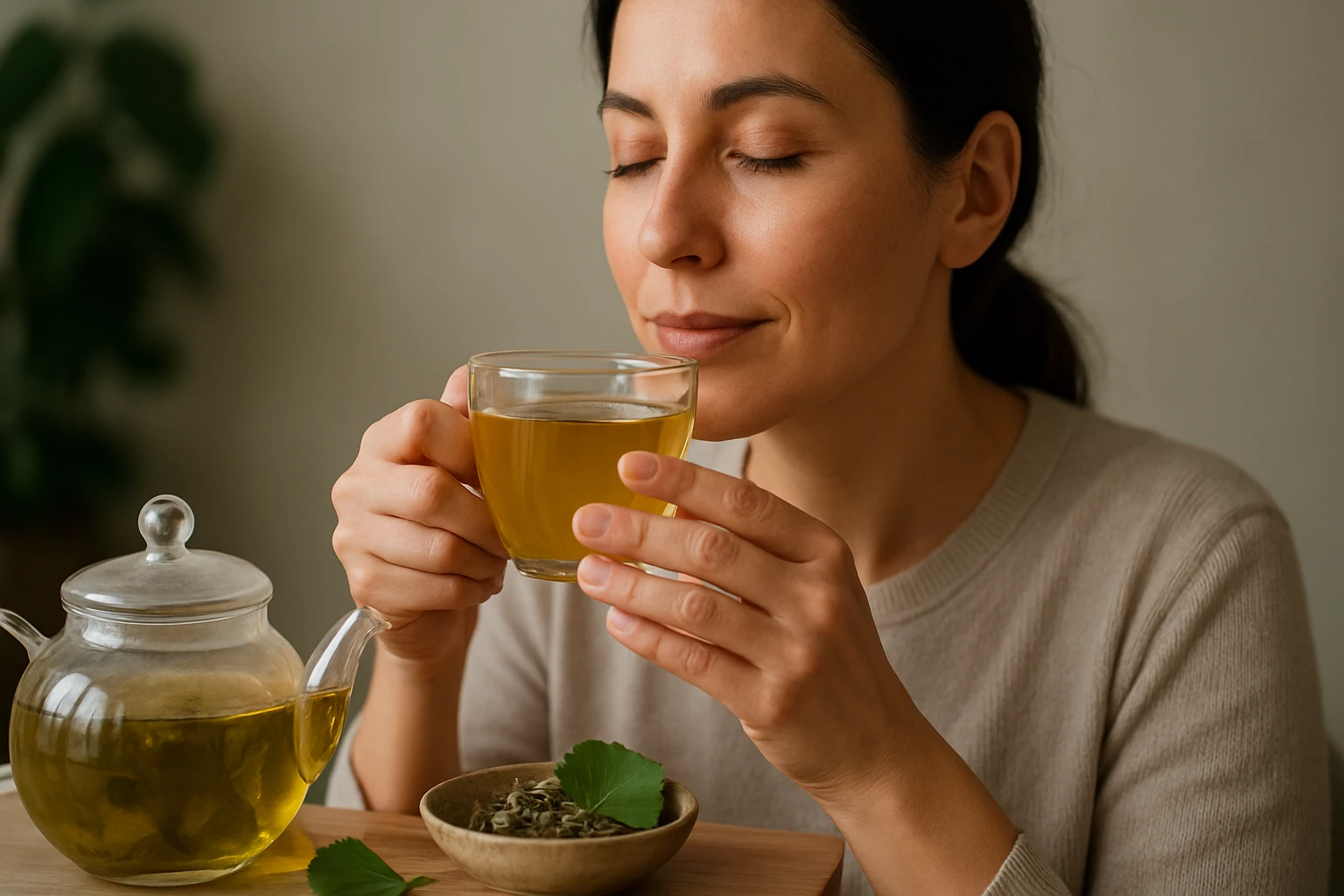 Žena vychutnávajúca si ginkgo čaj pre jeho zdravotné prínosy.