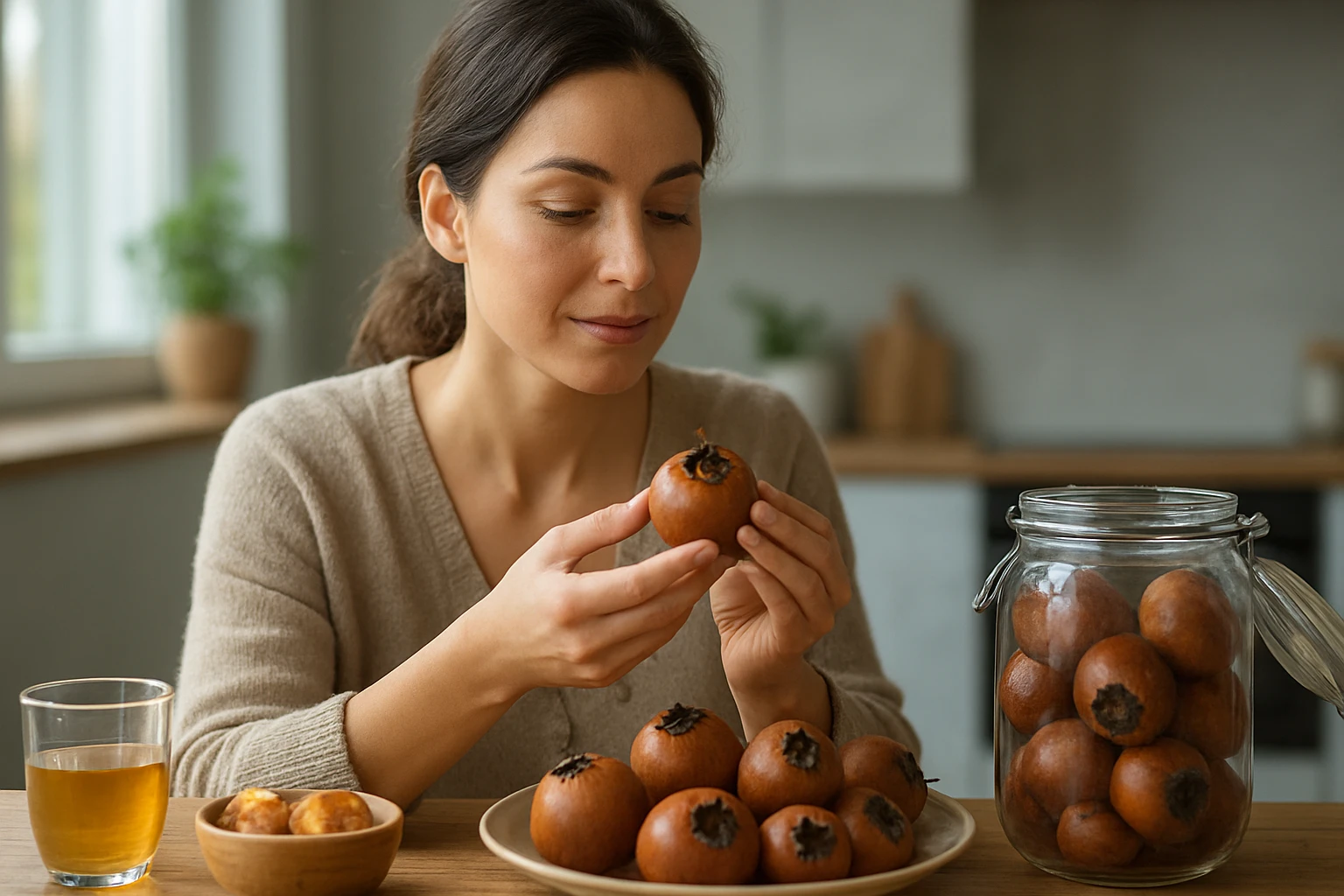 Žena skúma zrelé mišpule na stole, prírodný zdroj zdravia.
