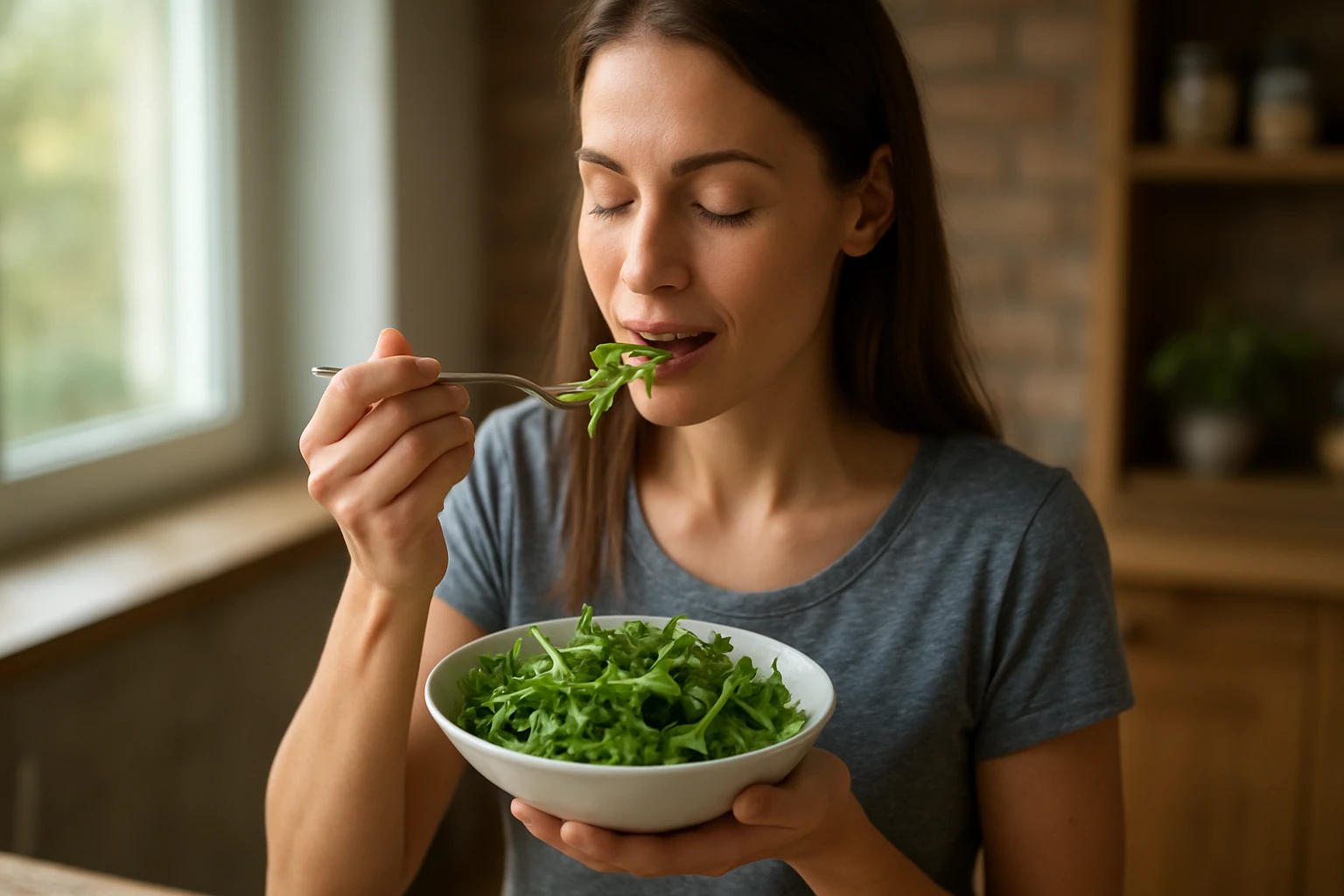 Žena vychutnávajúca si zdravú rukolu v kuchyni