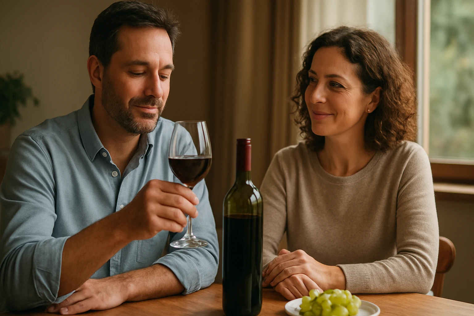 Pár vychutnávajúci si červené víno pri stole s hroznom.
