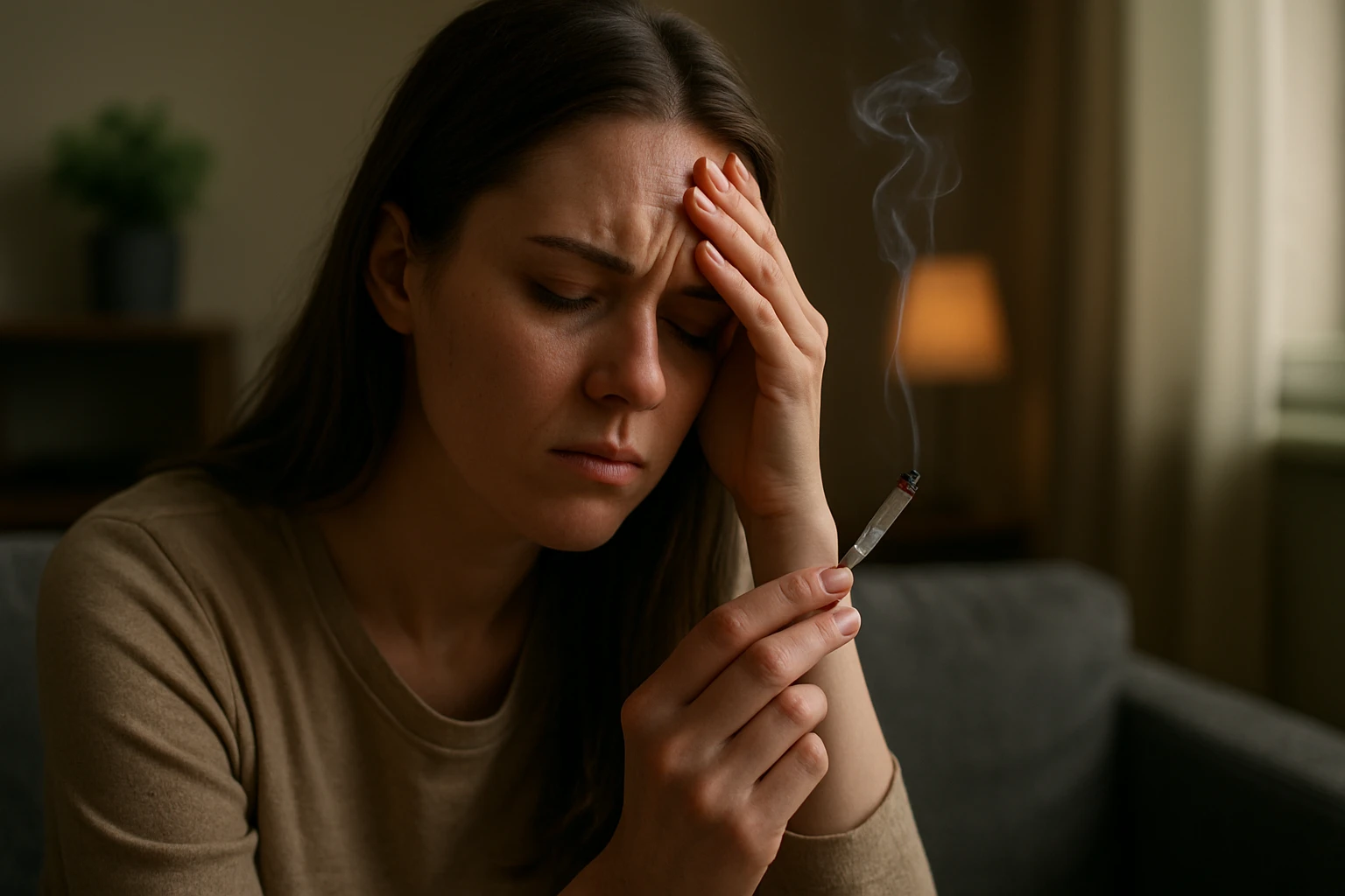 Žena so znepokojeným výrazom drží marihuanovú cigaretu