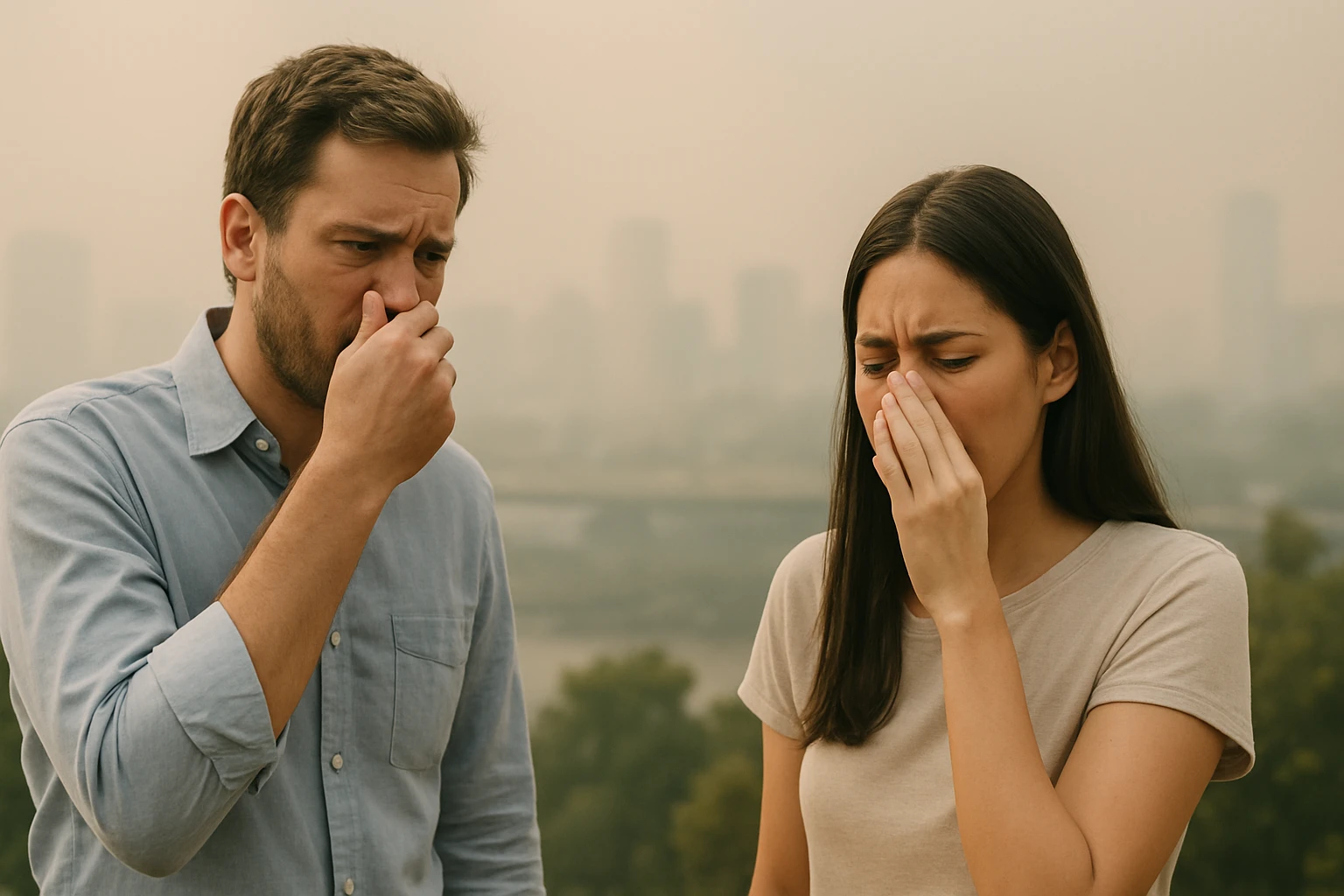 Dve osoby sú znepokojené kvalitou vzduchu, pokrývajú si nosy.