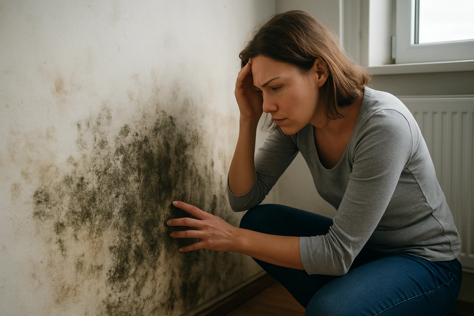 Mladá žena skúma plesnivé steny v interiéri, znepokojená zdravotnými rizikami.