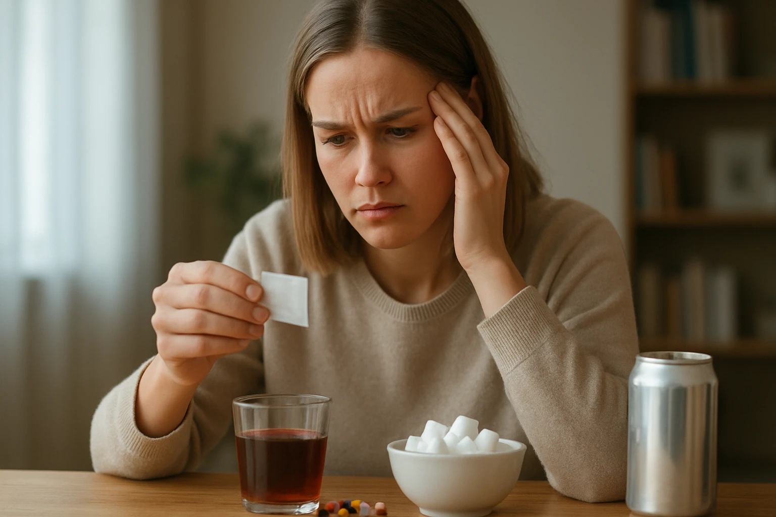 Žena nazera na umelé sladidlo s obavami o zdravie