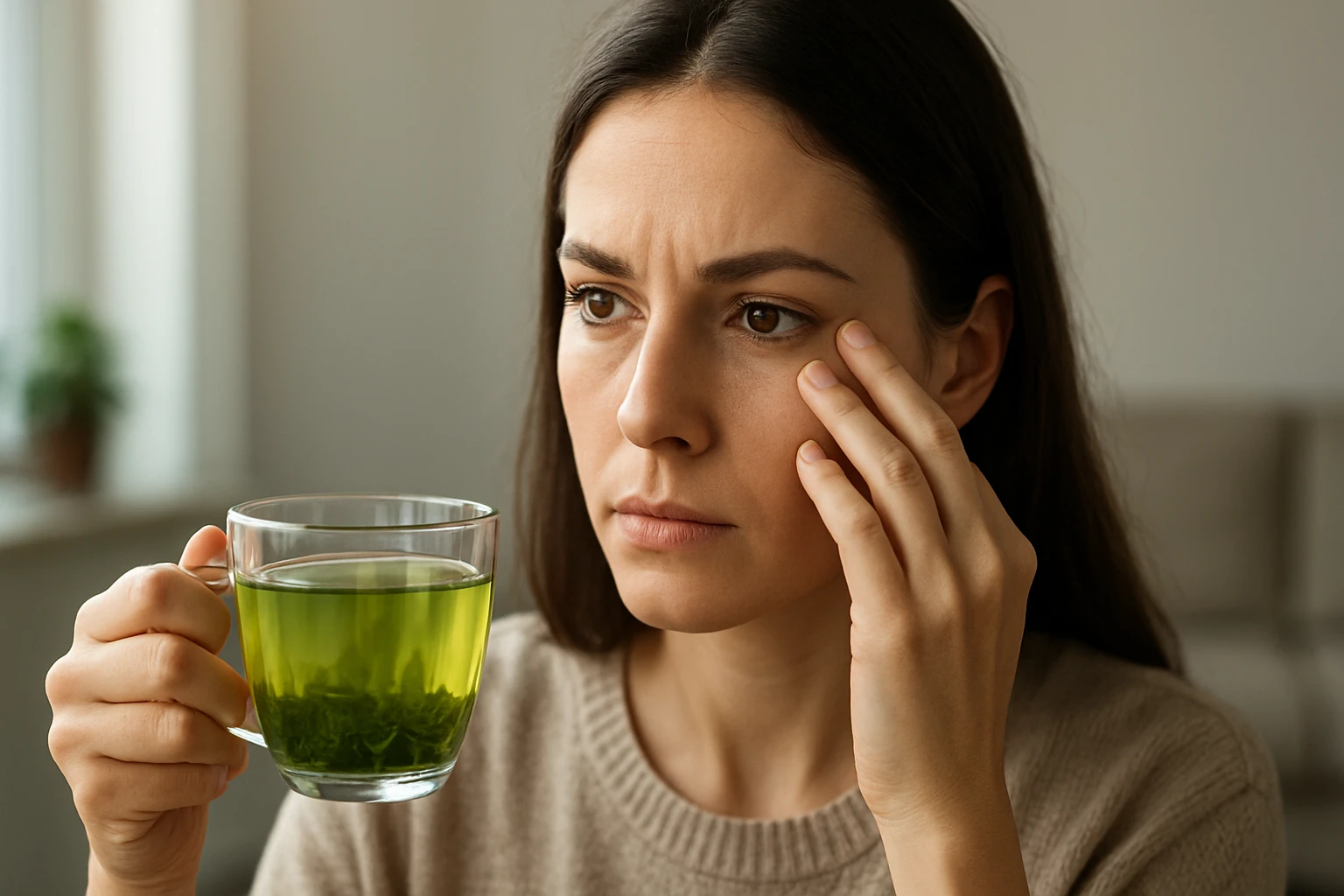 Žena drži pohár zeleného čaju a zamyslene sa dotýka tváre.