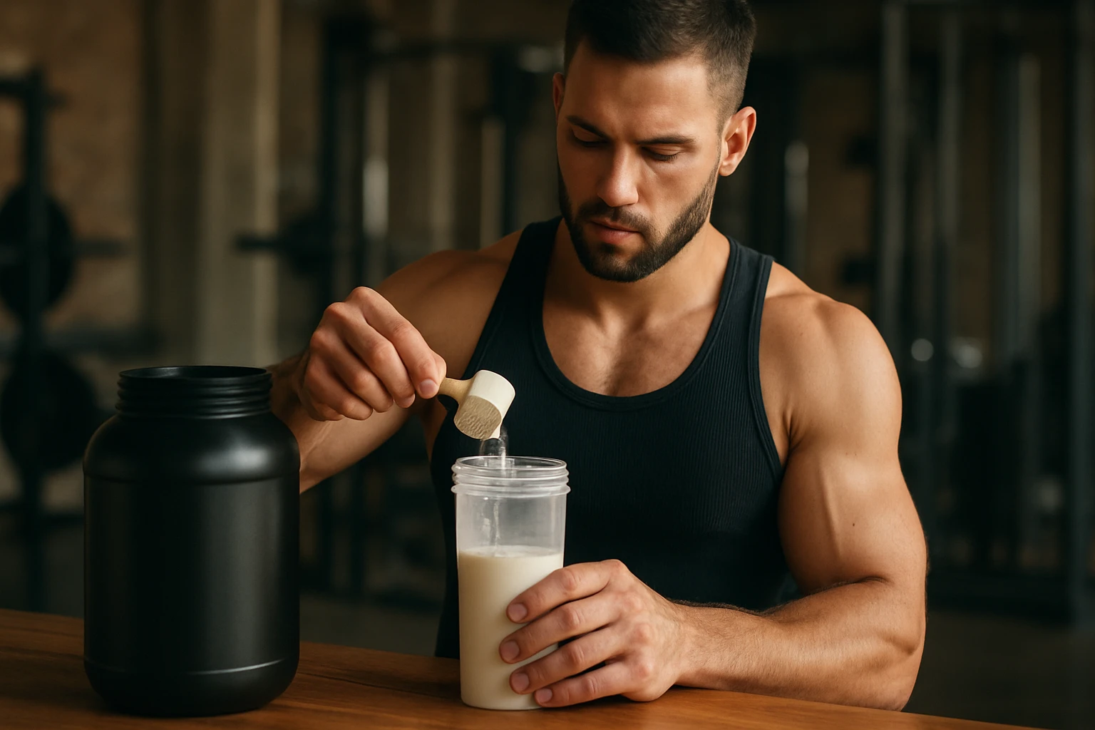 Muž pripravuje proteínový nápoj po tréningu na budovanie svalov