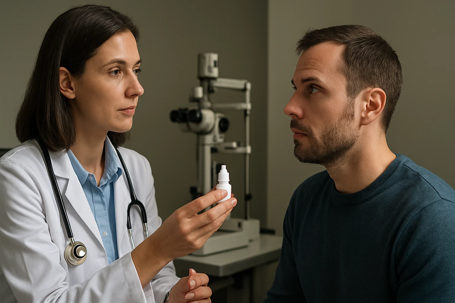 Lékařka podává pacientovi mydriatiká na oftalmologické vyšetření