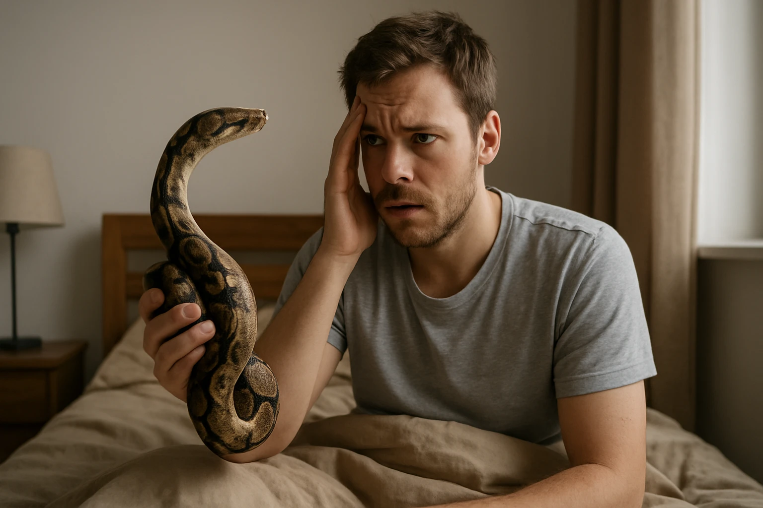 Muž so zmäteným výrazom drží hada v posteliovi