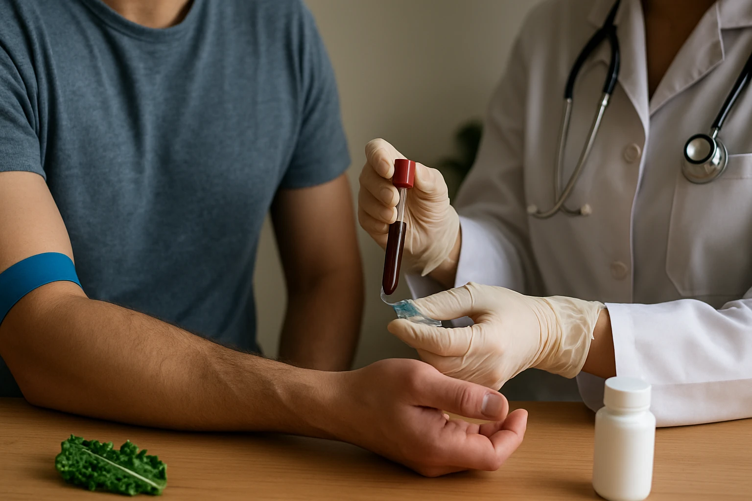 Lekár odoberá krv pacientovi na vyšetrenie vitamínu K