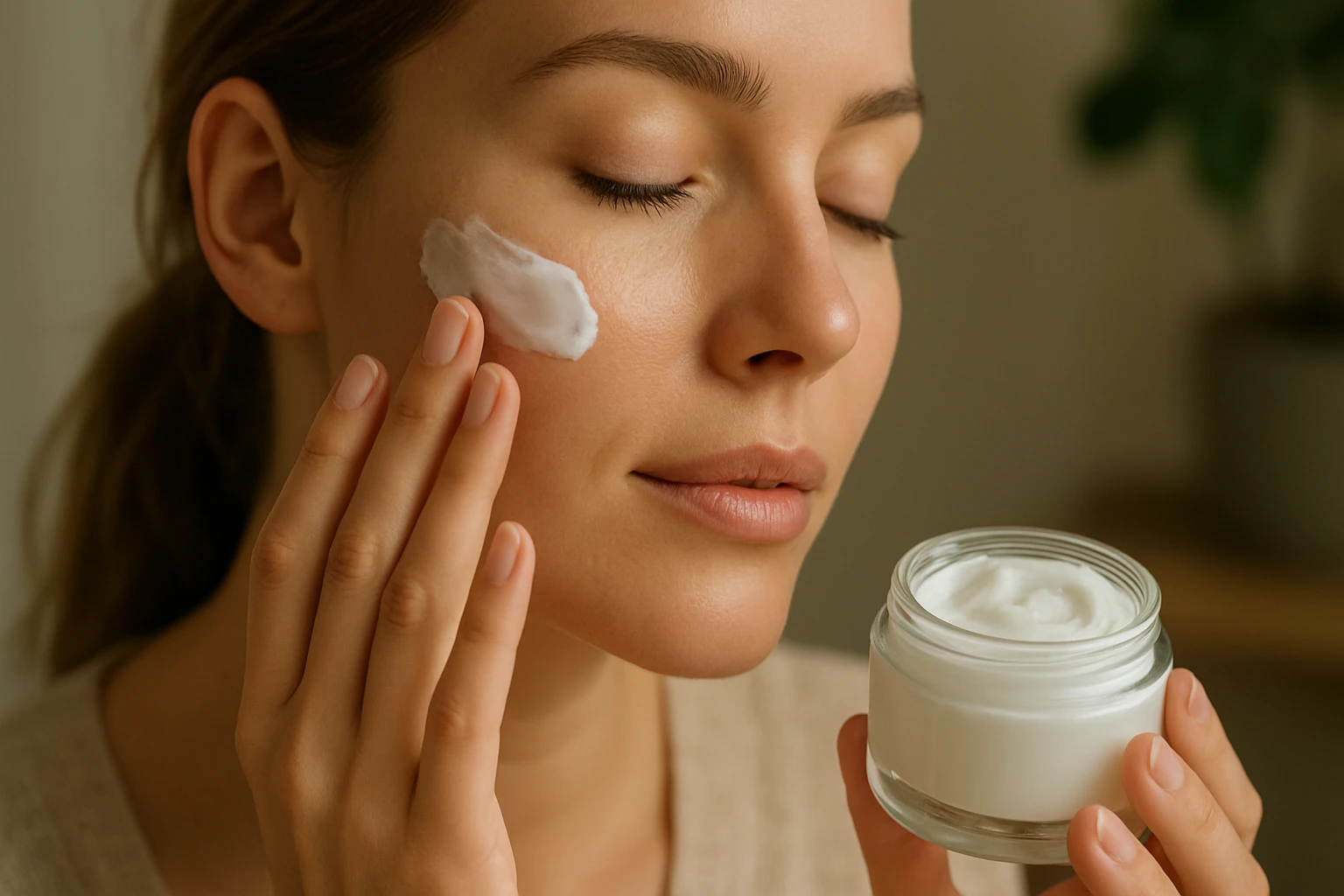 Žena nanášajúca krém s allantoínom na svoju pleť