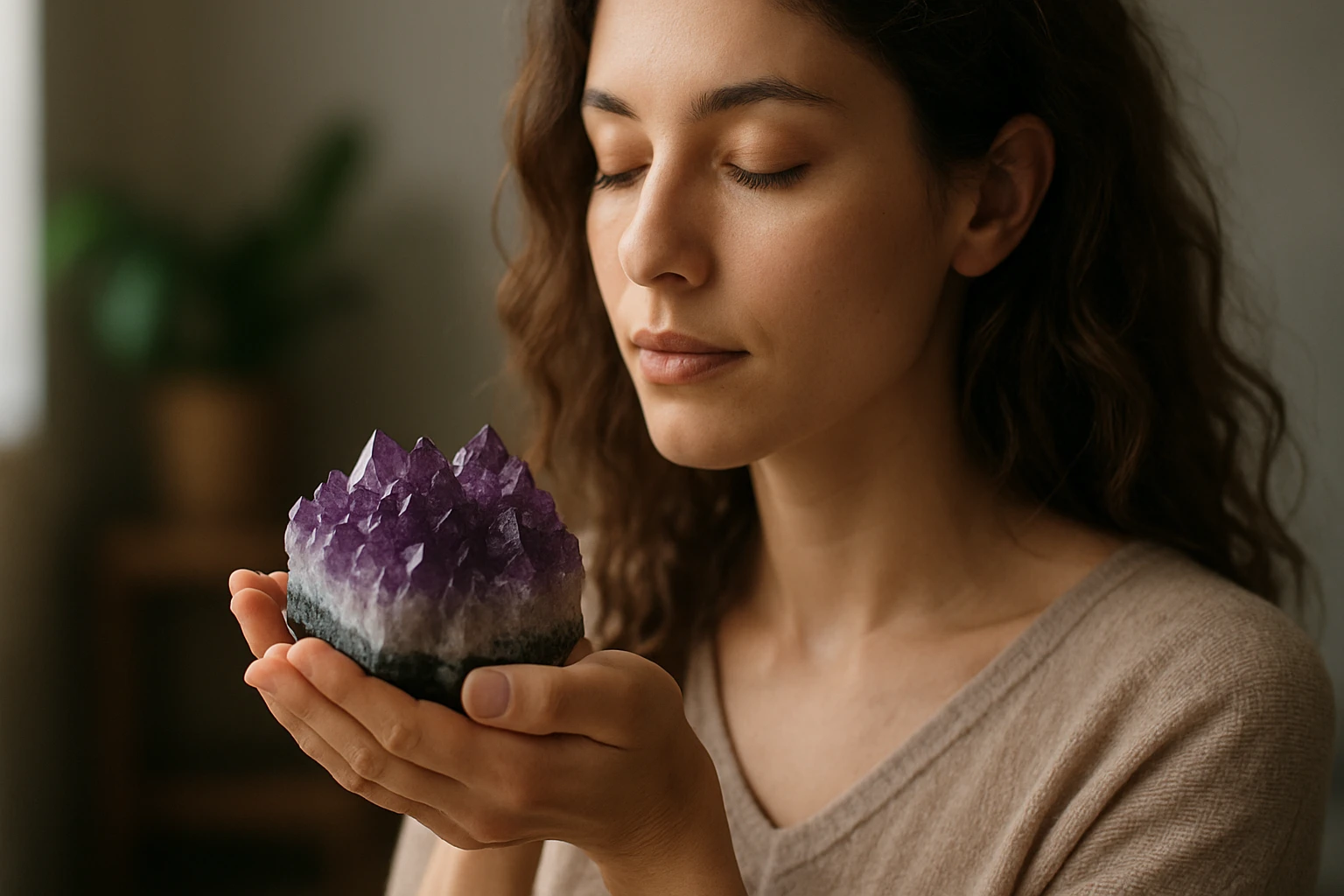 Žena s ametystovým kryštálom, ktorý nabíja energiu a podporuje duševný rozvoj.