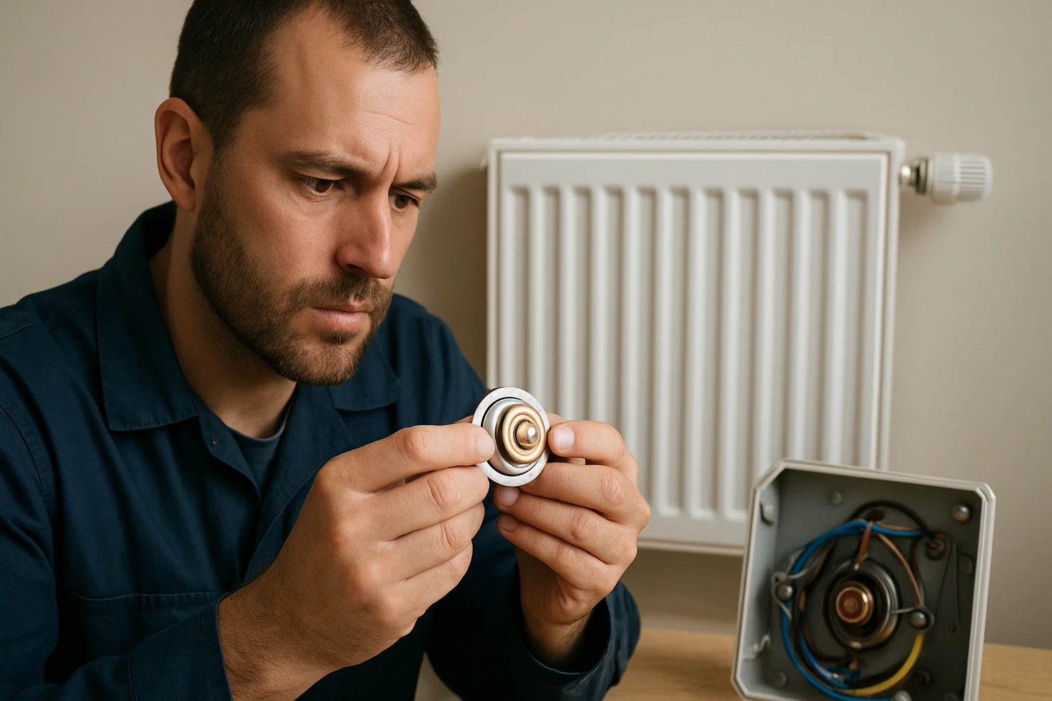 Technik skúma bimetalový termostat pre vykurovanie a chladenie.