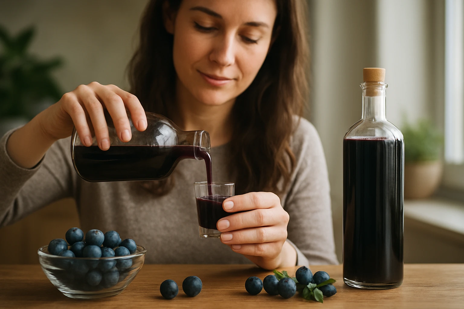 Žena nalieva trnkový sirup do pohára, vedľa sú čučoriedky.