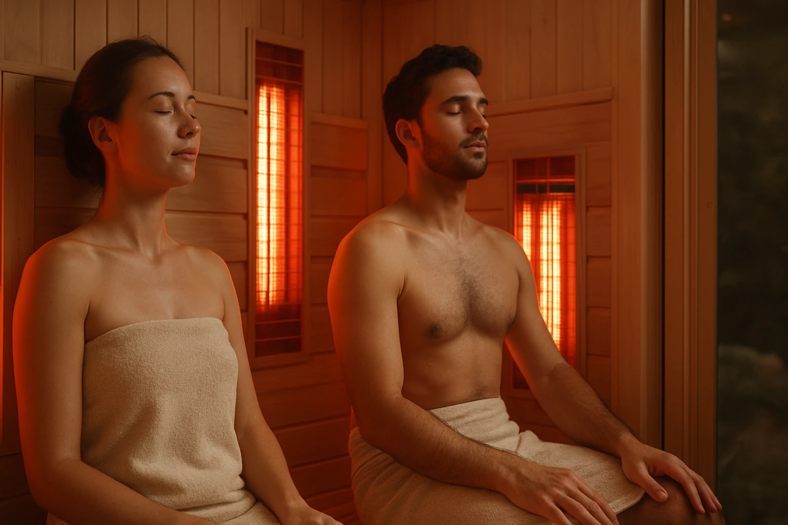 Pár relaxuje v infračervenej saune, užívajúc si blahodarné účinky tepla.