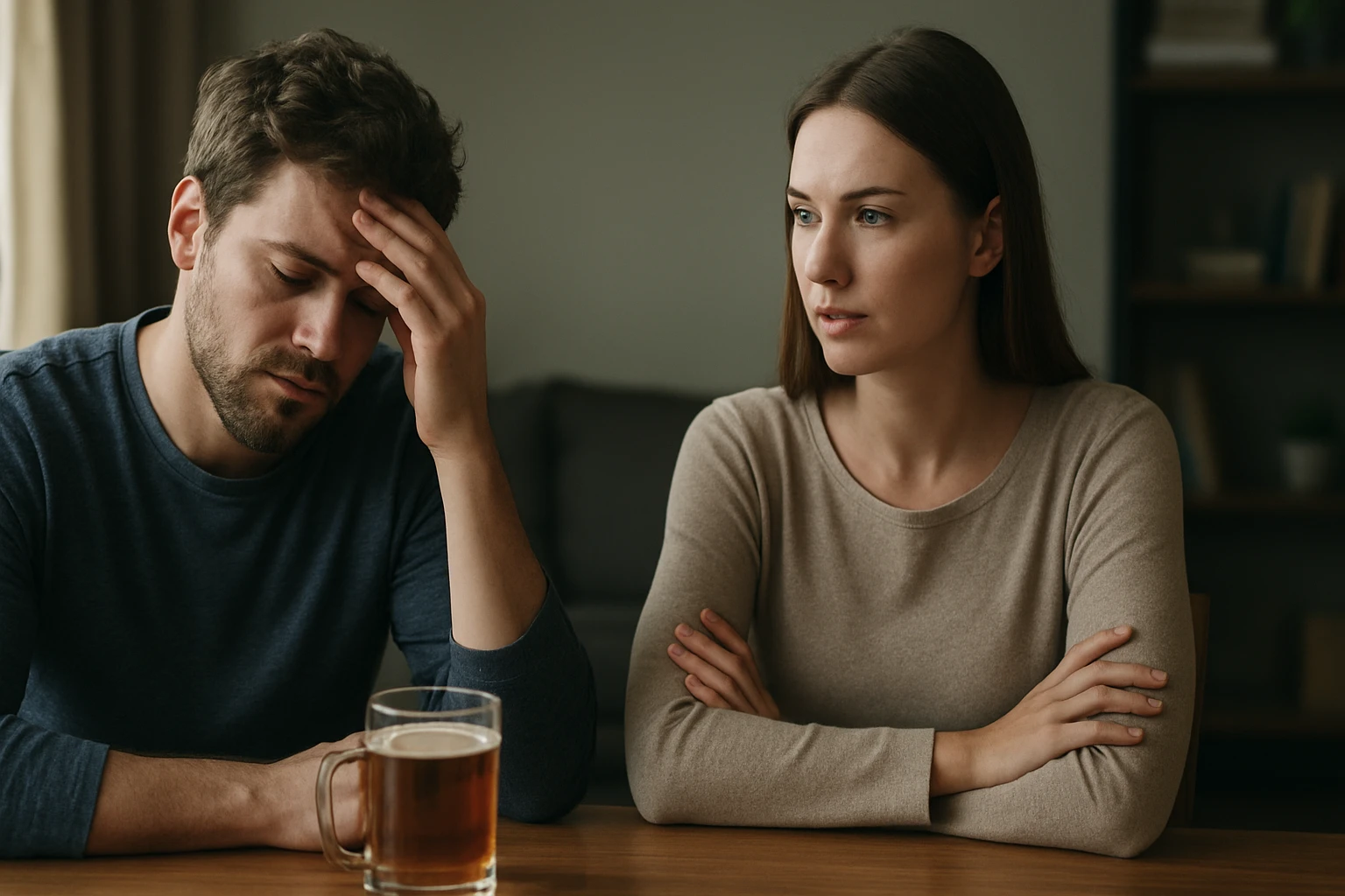 Pár diskutuje o účinkoch alkoholu na zdravie a emocionálny stav.