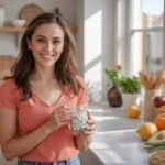 Žena s pohárom horčíkových doplnkov na pozadí zdravej stravy.