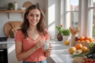 Žena s pohárom horčíkových doplnkov na pozadí zdravej stravy.