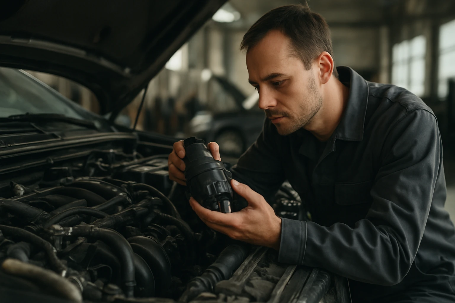 Mechanik analyzujúci komponenty MPI motora v dielni