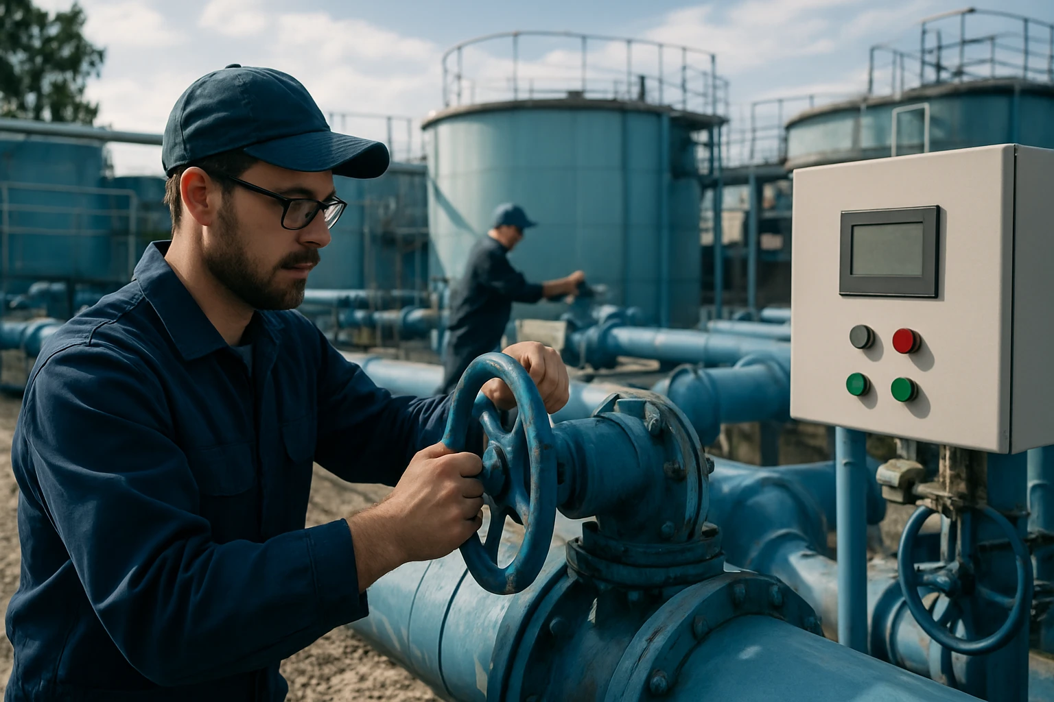 Pracovník vodárne ovláda ventil v zariadení na zásobovanie vodou.