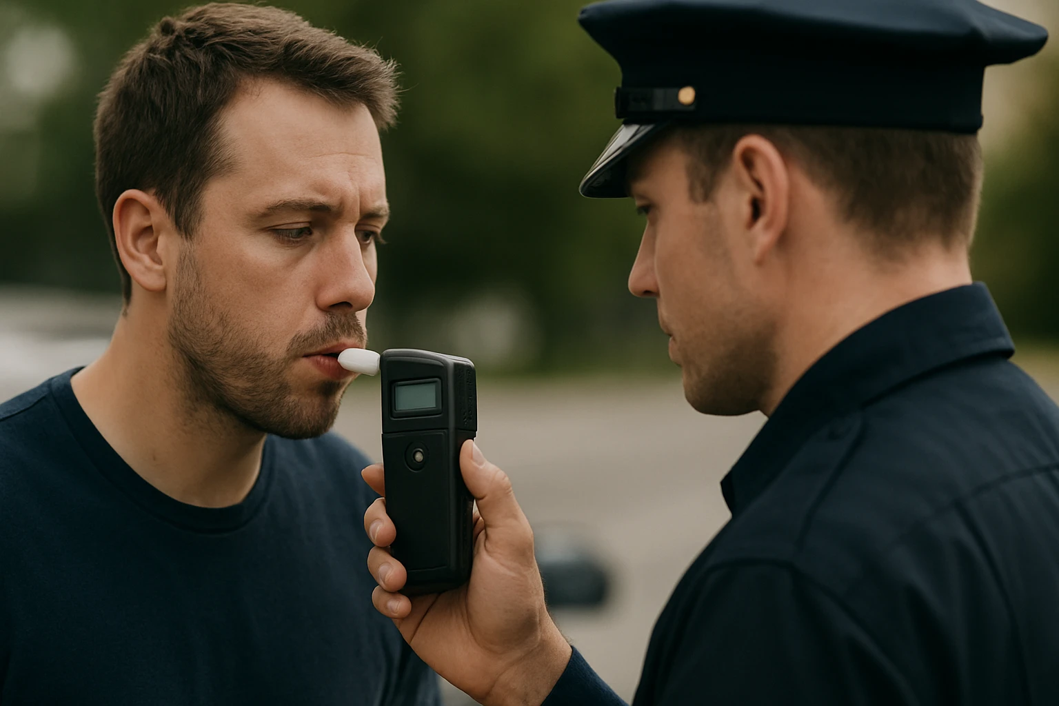 Muž meria hladinu alkoholu v krvi pomocou digitálneho alkoholtestera.