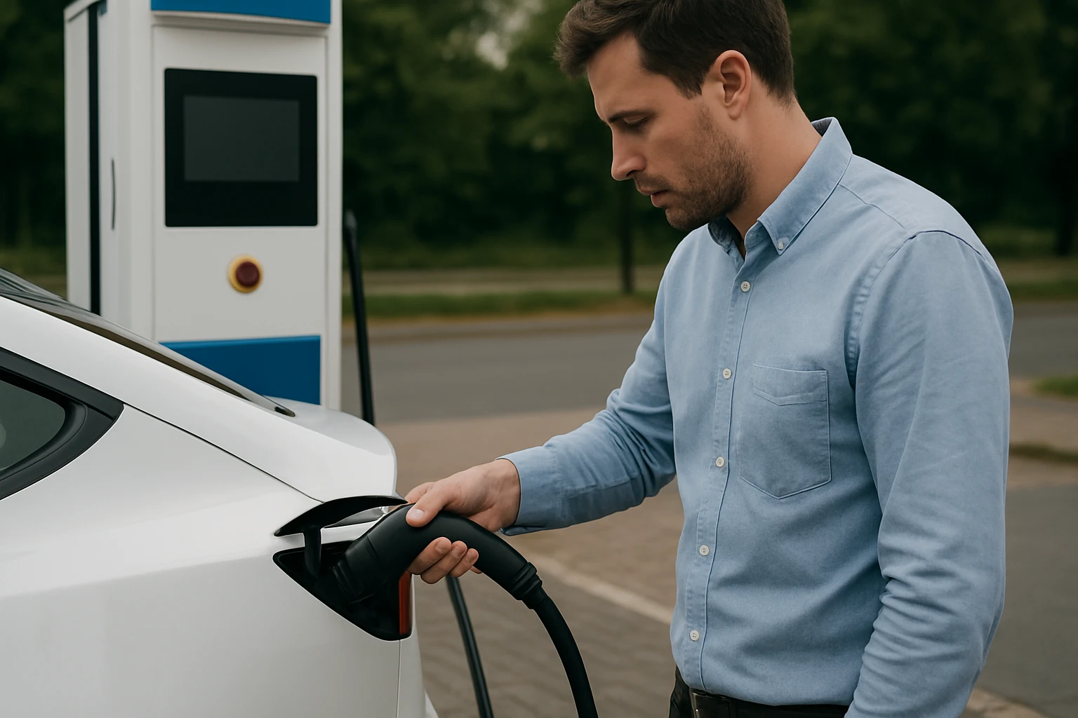 Muž nabíjajúci elektrické auto nabíjacou pištoľou na stanici