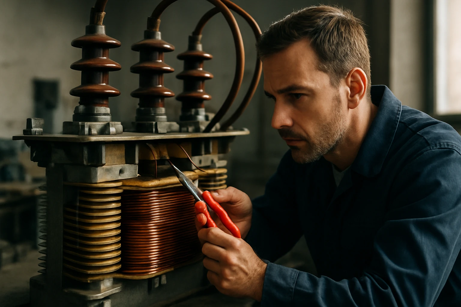 Technik pracujúci na transformátore, detailné zobrazenie cievok a komponentov.