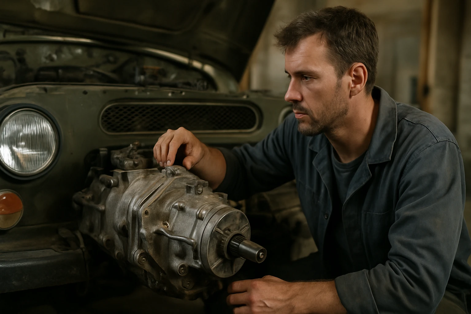 Mechanik pracuje na prevodovke UAZ v garáži