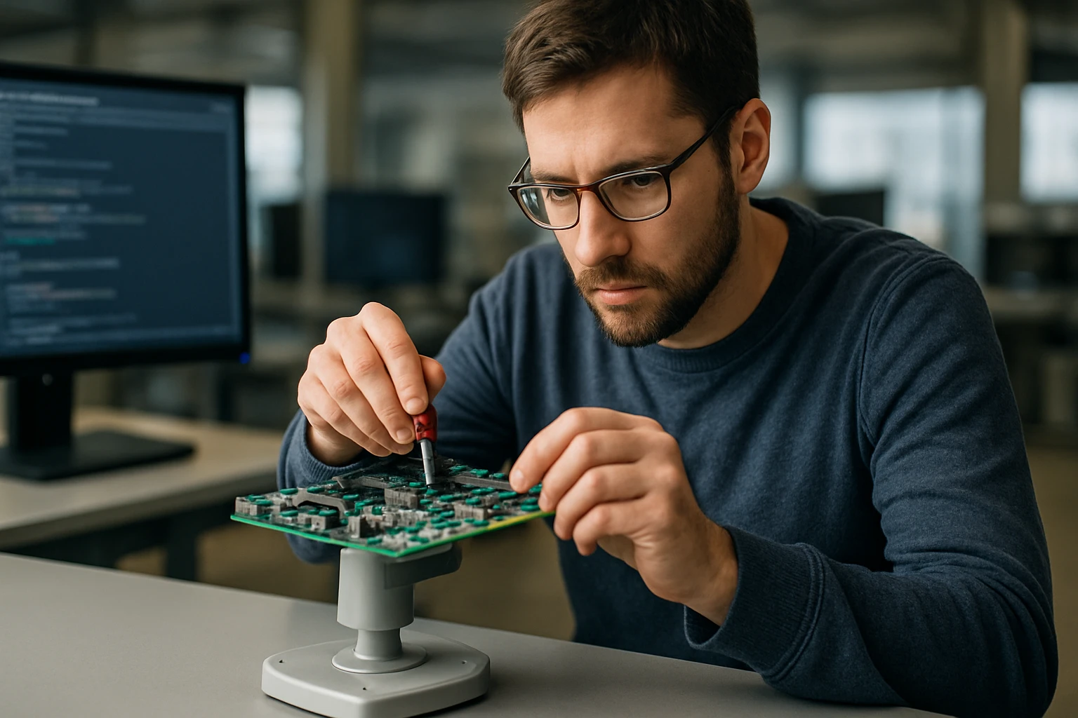 Muž pracuje na elektronickej doske s balansérom v modernom laboratóriu.