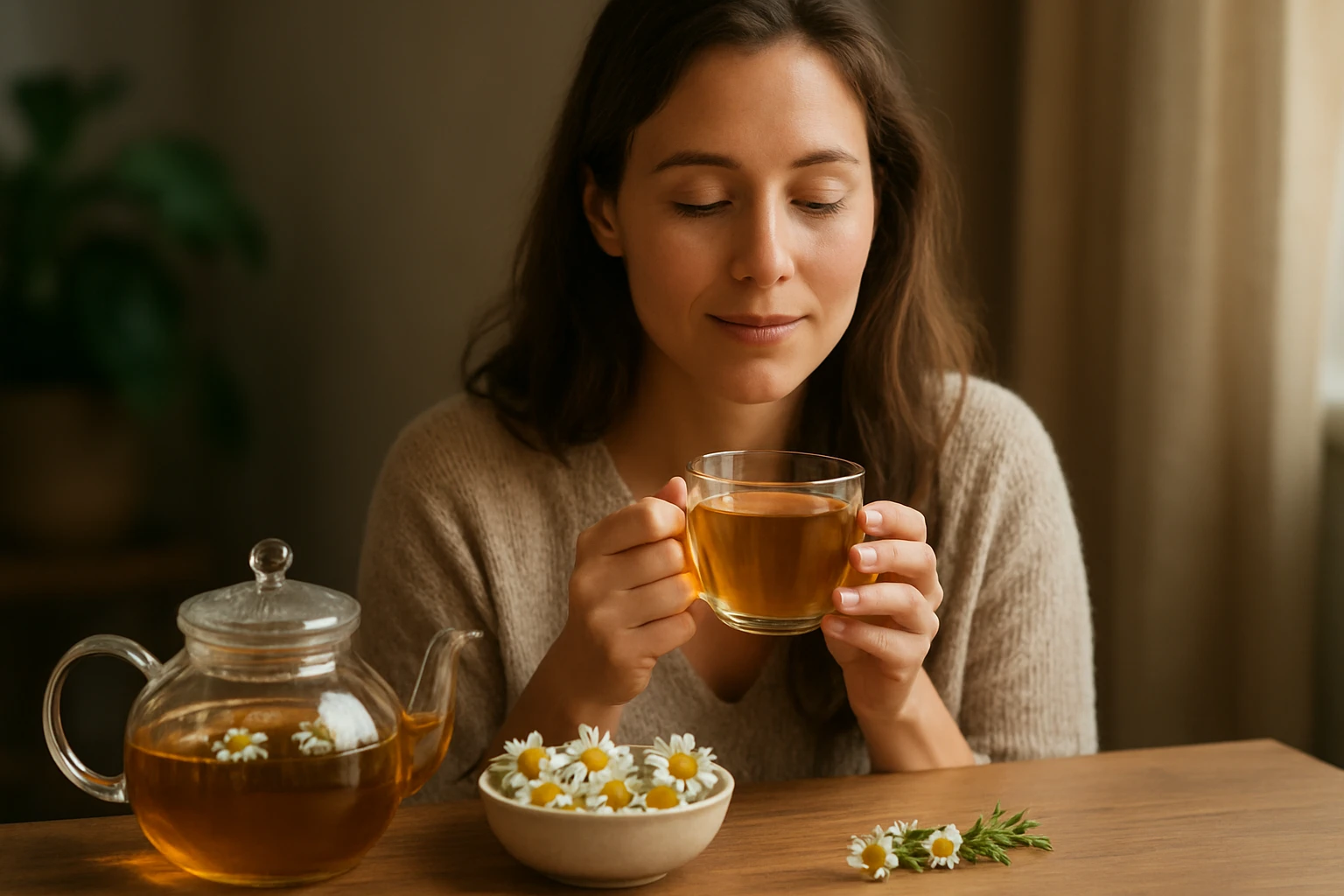 Žena vychutnáva harmančekový čaj pre pohodu a zdravie.