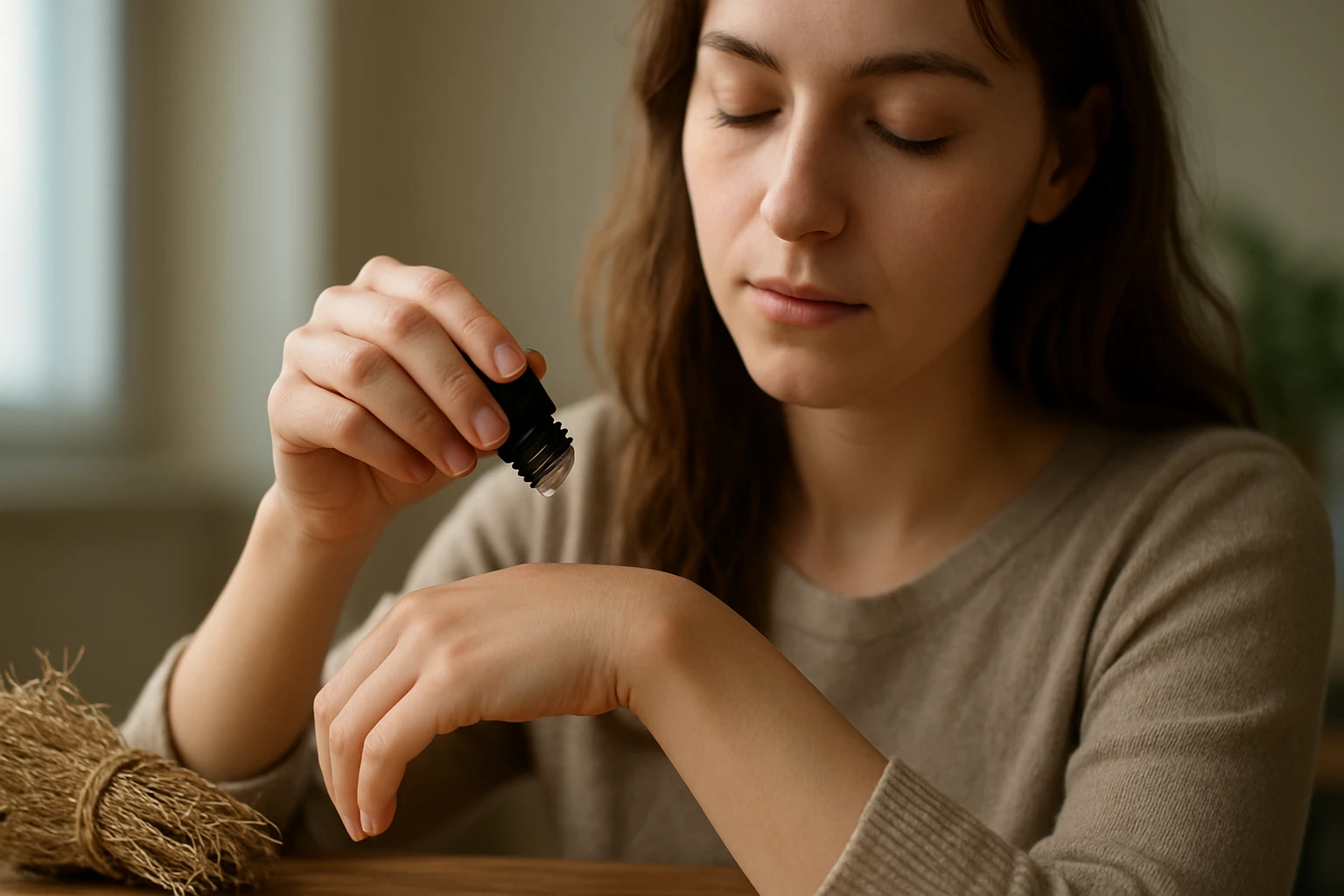 Žena aplikuje éterický olej z vetiveru na ruku