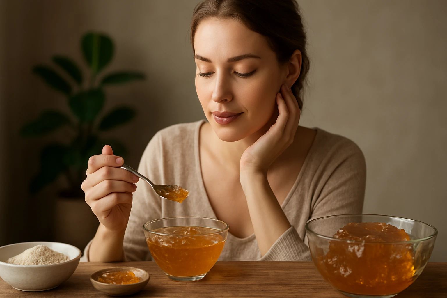Žena vychutnávajúca želatínu ako zdravú pochúťku