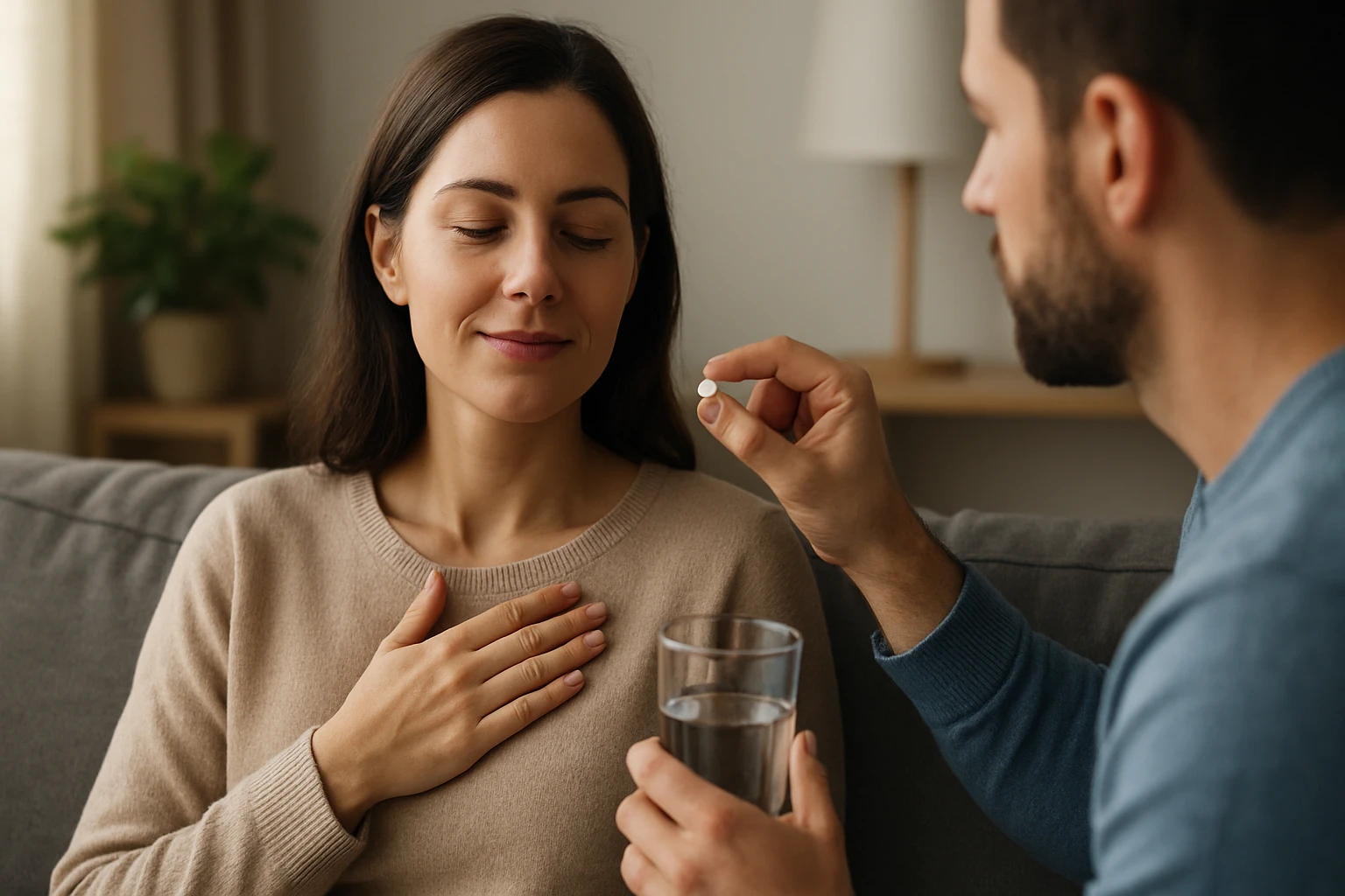 Žena zrelaxuje a pripravuje sa na užitie glycínu na zlepšenie zdravia.