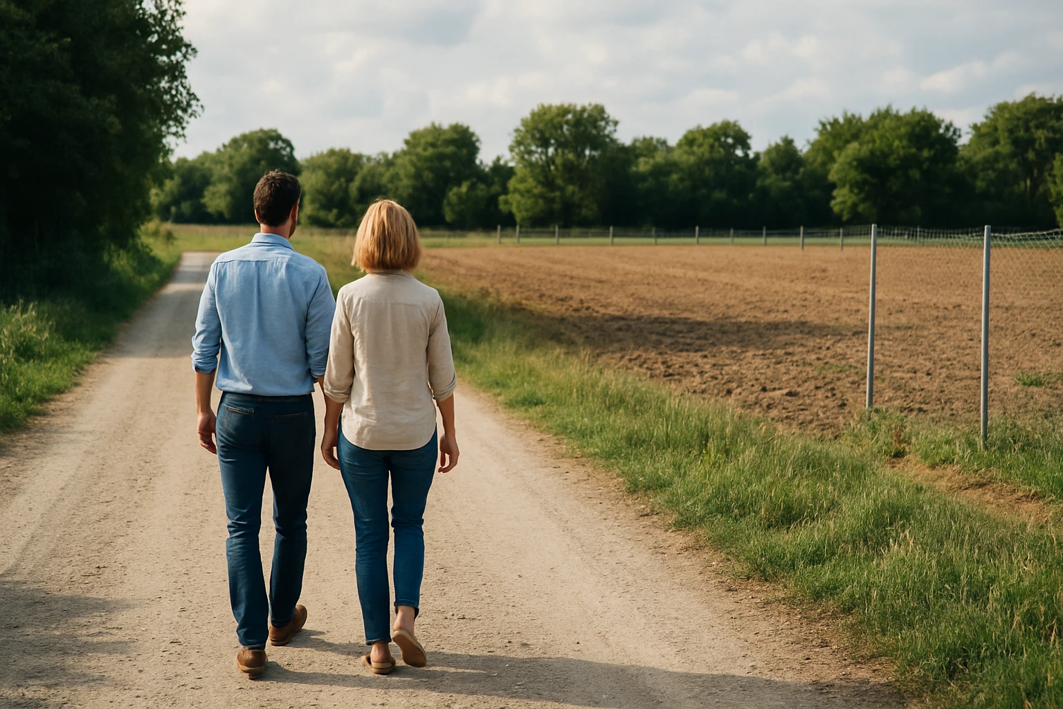 Pár kráča po prístupovej ceste k pozemku so zelenou prírodou