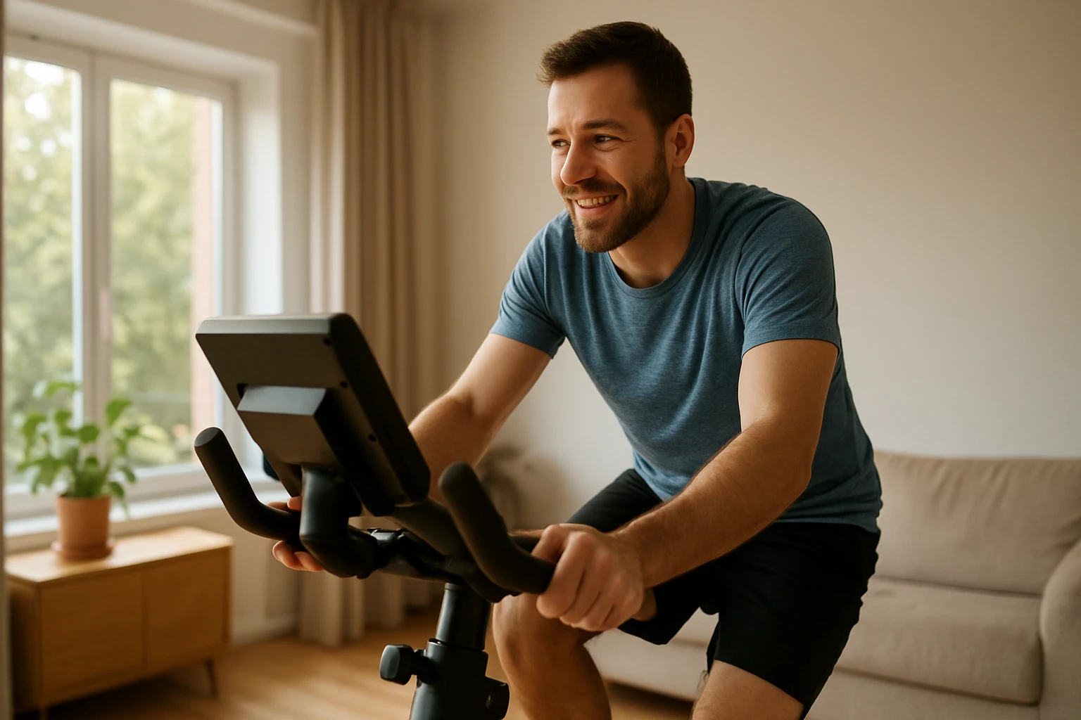 Muž cvičiaci na stacionárnom bicykli v domácom prostredí