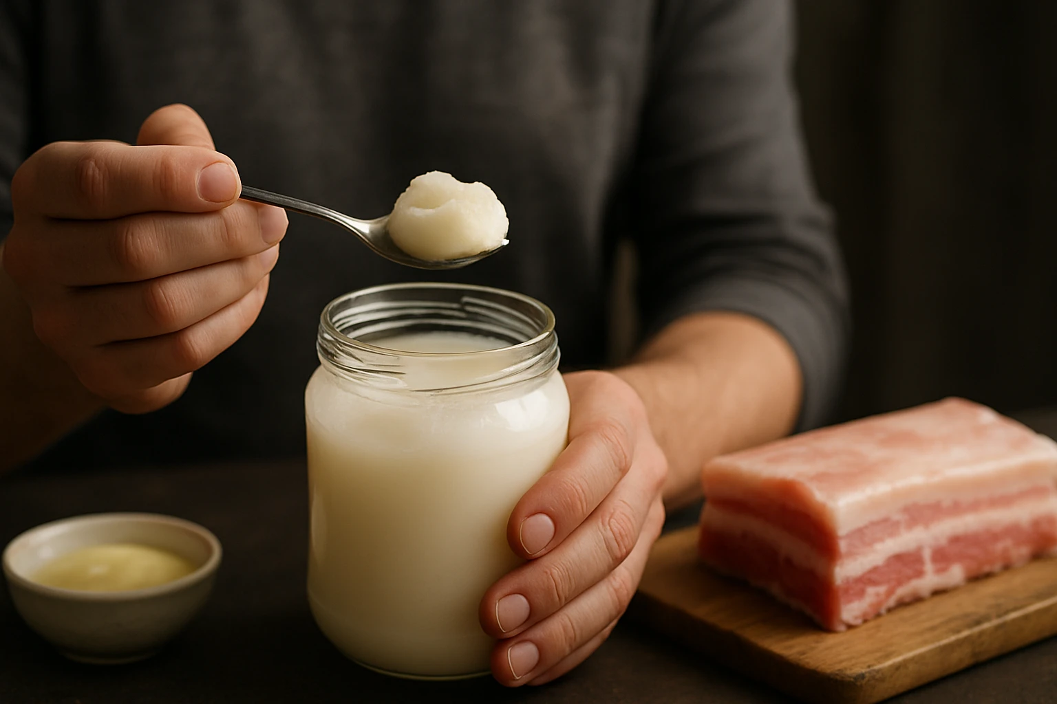 Človek berie lyžicu bravčovej masti z pohára.