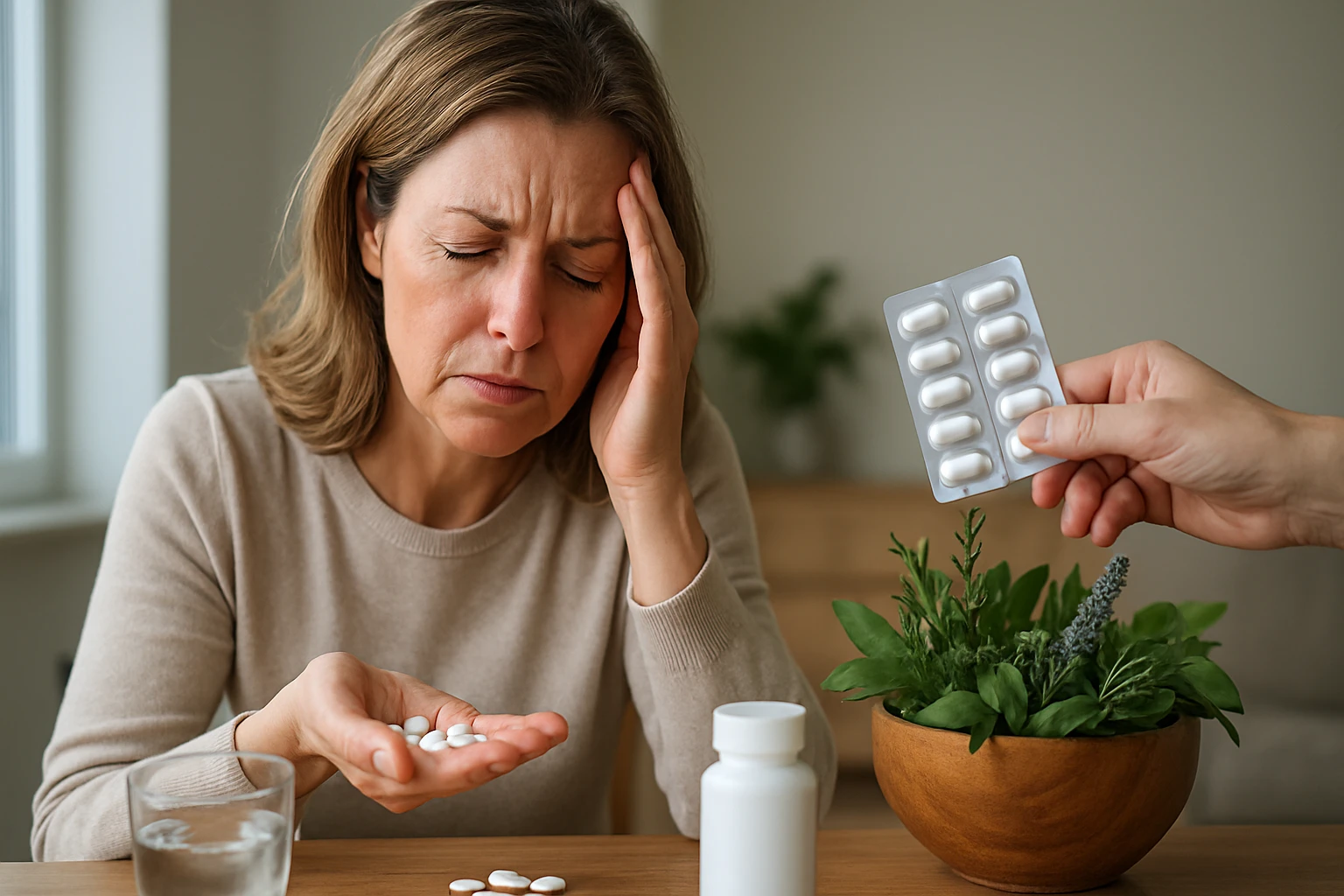 Žena s bolesťou hlavy rozvažuje medzi liekom proti bolesti a prírodnou alternatívou.