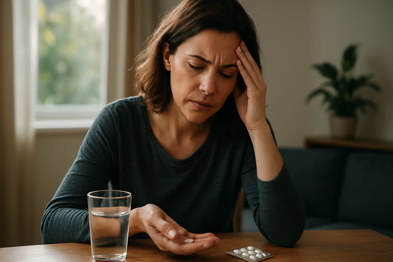 Žena s tabletou lítia a pohárom vody, znepokojená svojím duševným zdravím.