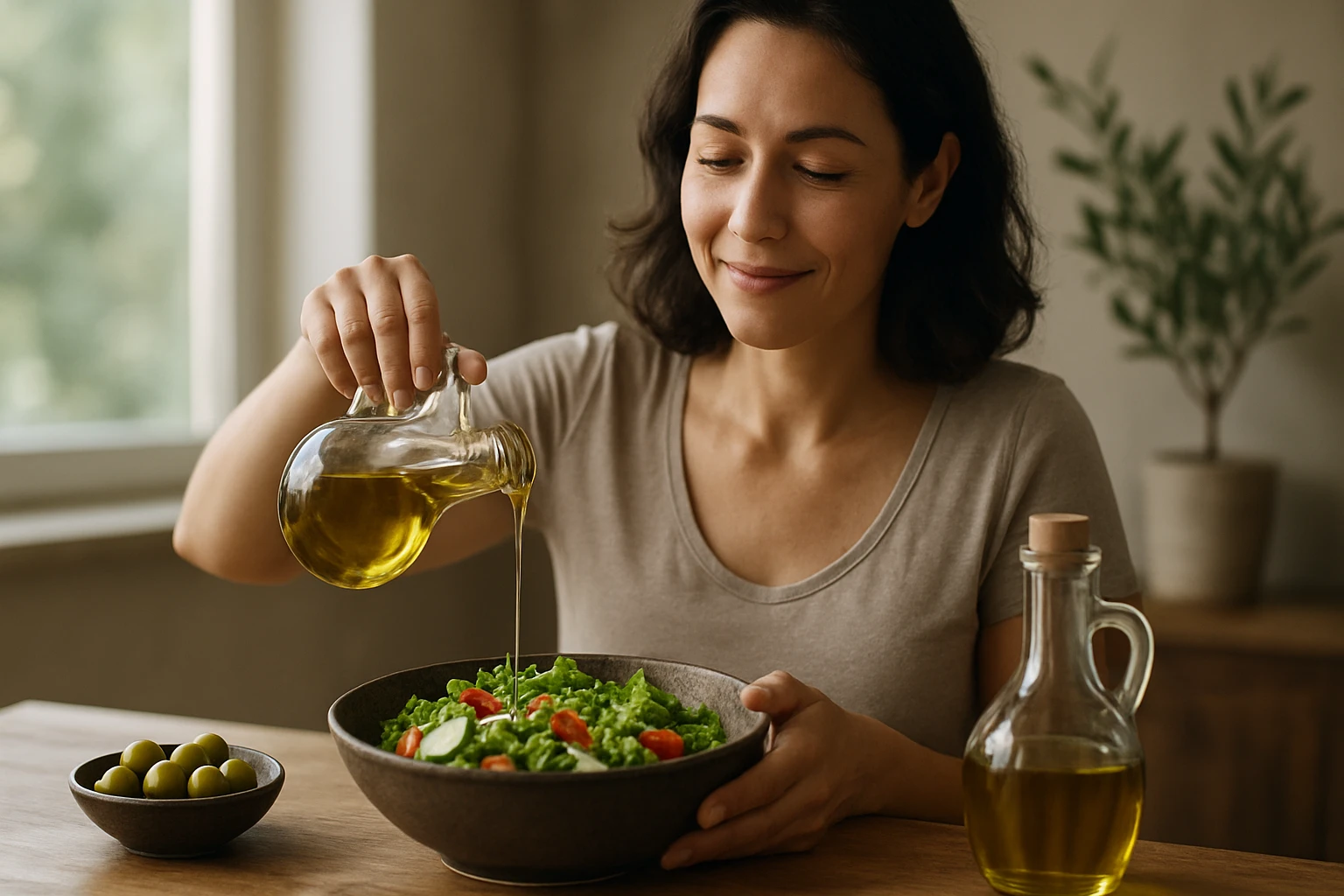 Žena polieva šalát olivovým olejom v domácnosti.