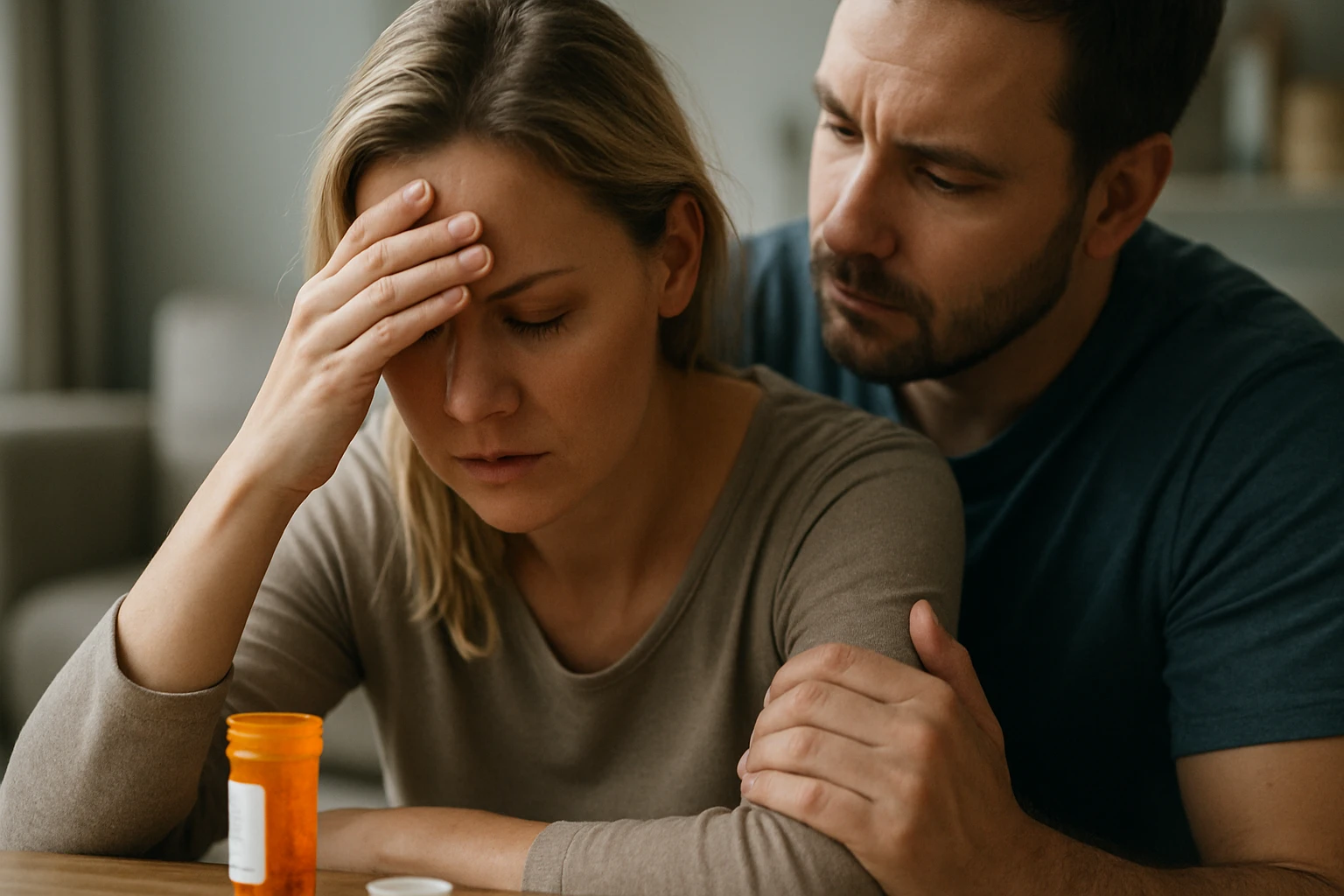 Žena s bolesťou v hlave a muž ju povzbudzuje.
