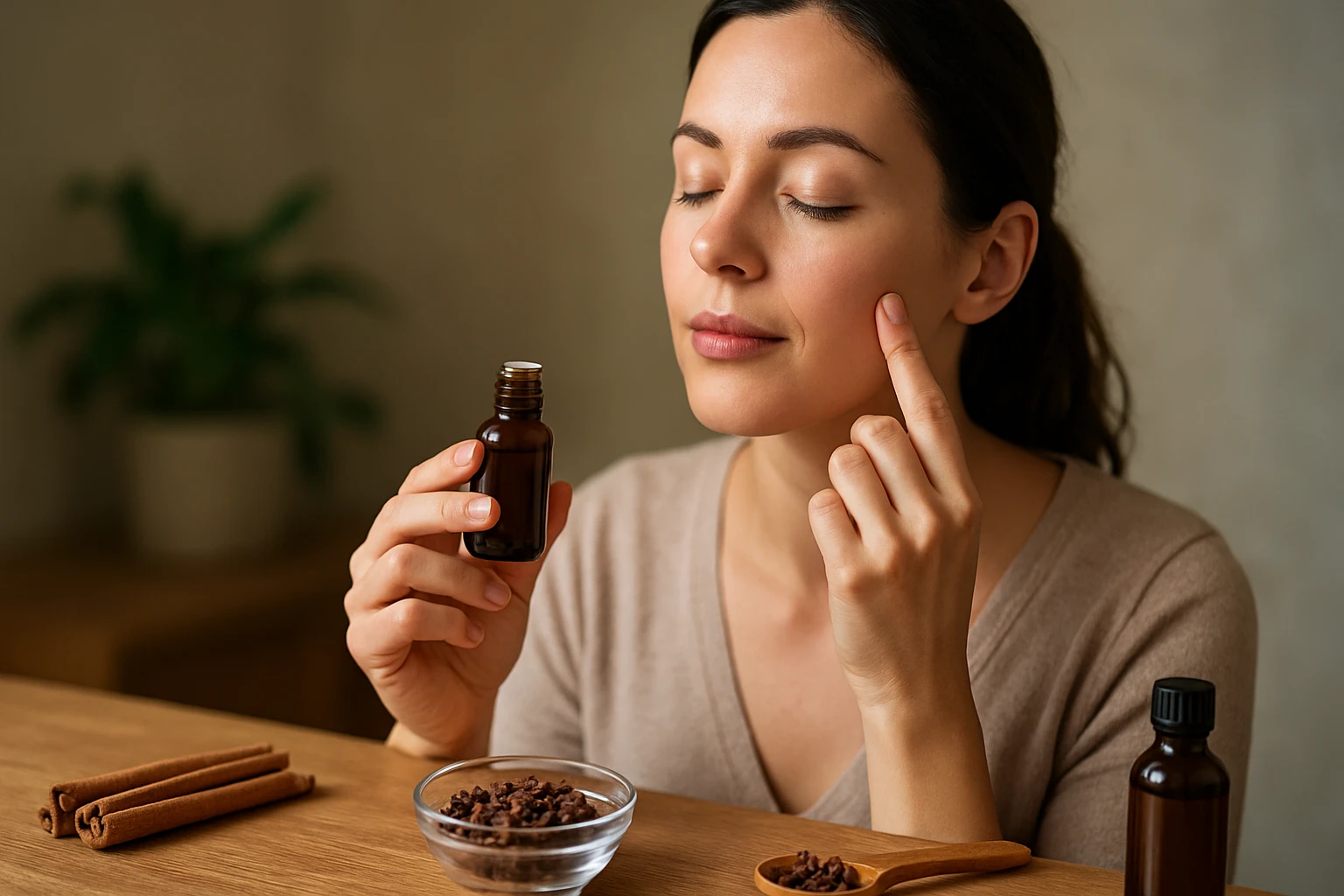 Žena absorbuje účinky klinčekového oleja na pleť.