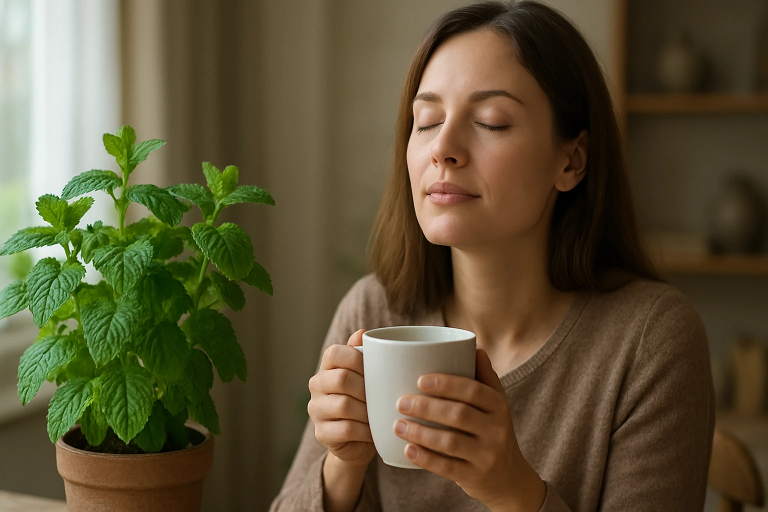 Žena vychutnáva čaj z medovky lekárskej pri pokojnej atmosfére.