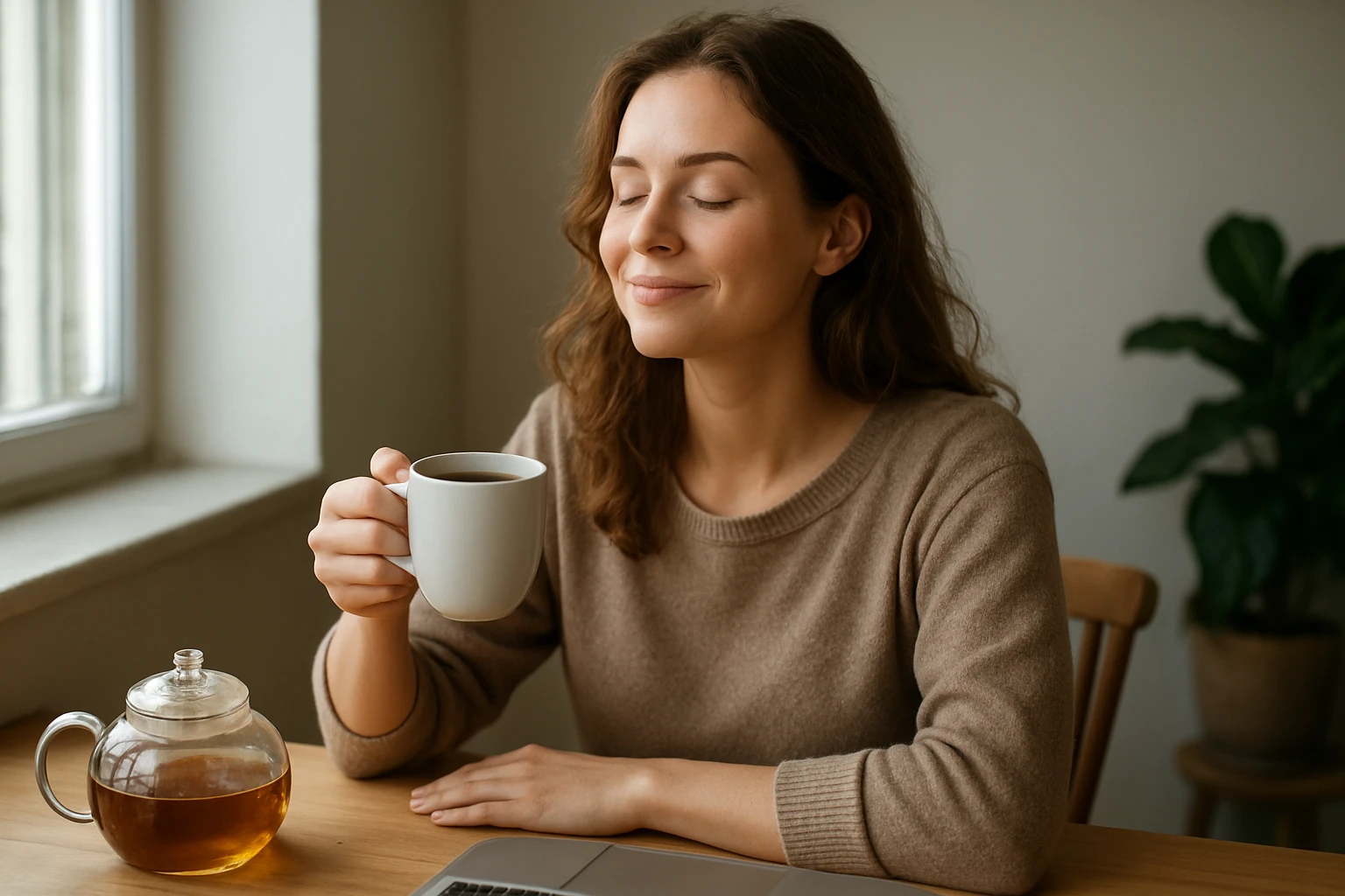 Žena si vychutnáva šálku čaju, ktorý obsahuje teín.