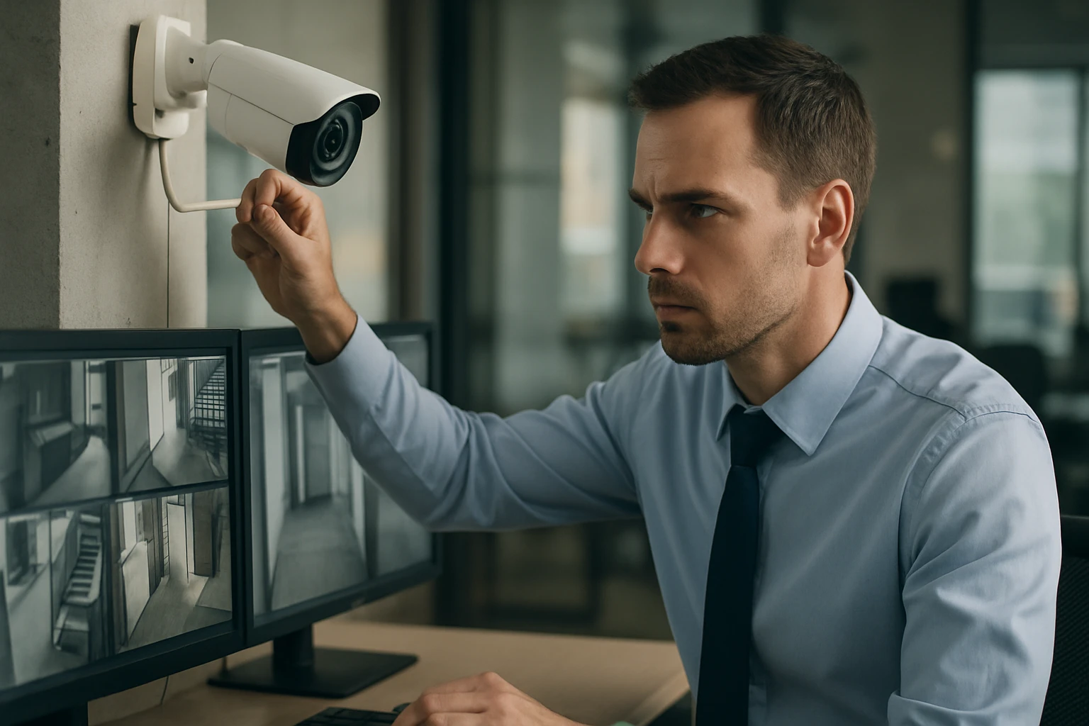 Muž monitoruje IP kamerový systém na dvoch obrazovkách.