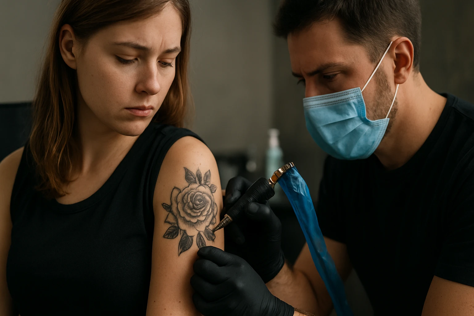 Tetovanie ženy s ružou na ramene, tatér v ochranných rukaviciach a maske.