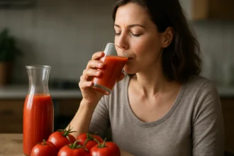 Žena pije paradajkovú šťavu z pohára, vedľa sú paradajky.