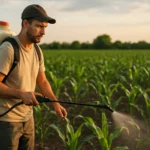 Farmár strieka plodiny roztokom s použitím Reglone na ochranu plodín.