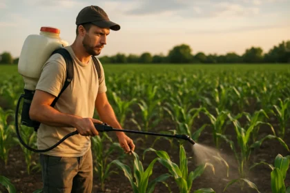Farmár strieka plodiny roztokom s použitím Reglone na ochranu plodín.