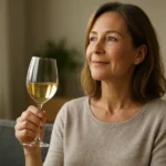 Žena si vychutnáva pohár bieleho vína v príjemnej atmosfére.