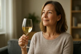 Žena si vychutnáva pohár bieleho vína v príjemnej atmosfére.