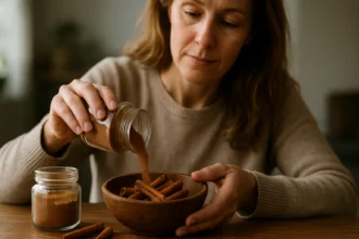 Žena posýpajúca škoricu do misky z dreva na stole